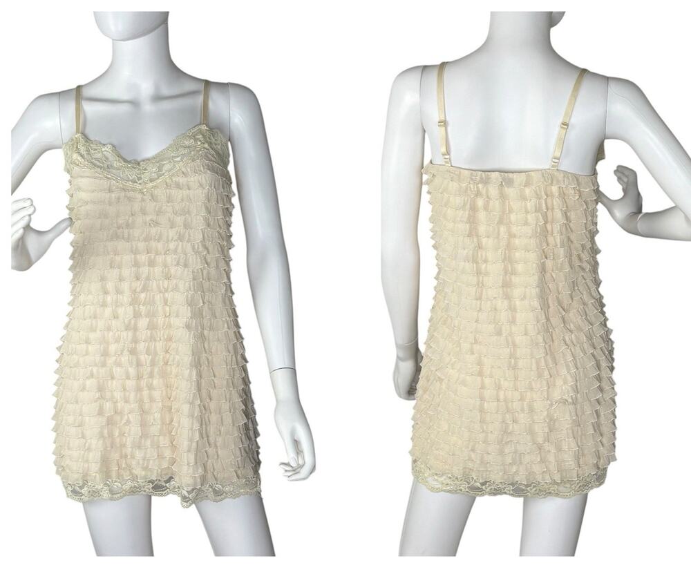 Vtg 90s Y2K Nightgown Slip Dress Tiered Ruffle Coquette Fairy Lace Ivory Size M
